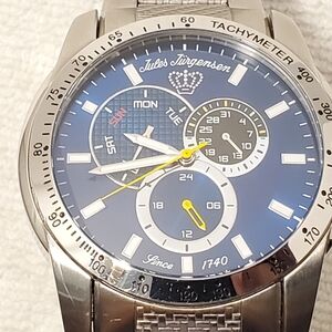 Vintage Jules Jurgensen Men's Blue Dial Day Date Stainless Steel Quartz Watch